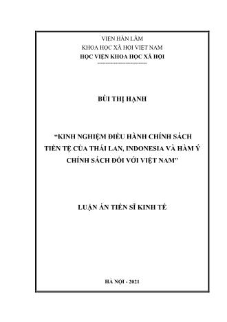 Luận án Kinh nghiệm điều hành chính sách tiền tệ của Thái Lan, Indonesia và hàm ý chính sách đối với Việt Nam