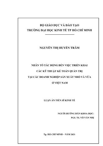 Luận án Nhân tố tác động đến việc triển khai các kỹ thuật kế toán quản trị tại các doanh nghiệp sản xuất nhỏ và vừa ở Việt Nam