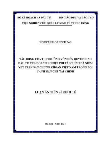 Luận án Tác động của thị trường vốn đến quyết định đầu tư của doanh nghiệp phi tài chính đã niêm yết trên sàn chứng khoán Việt Nam trong bối cảnh hạn chế tài chính