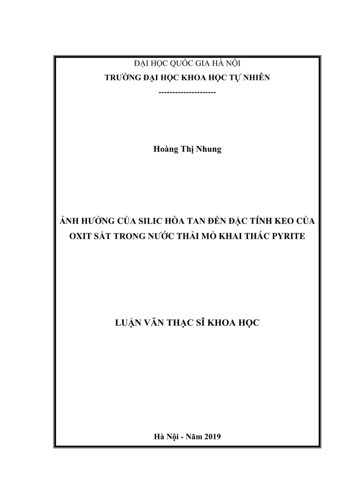 Luận văn Ảnh hưởng của Silic hòa tan đến đặc tính keo của Oxit Sắt trong nước thải mỏ khai thác Pyrite