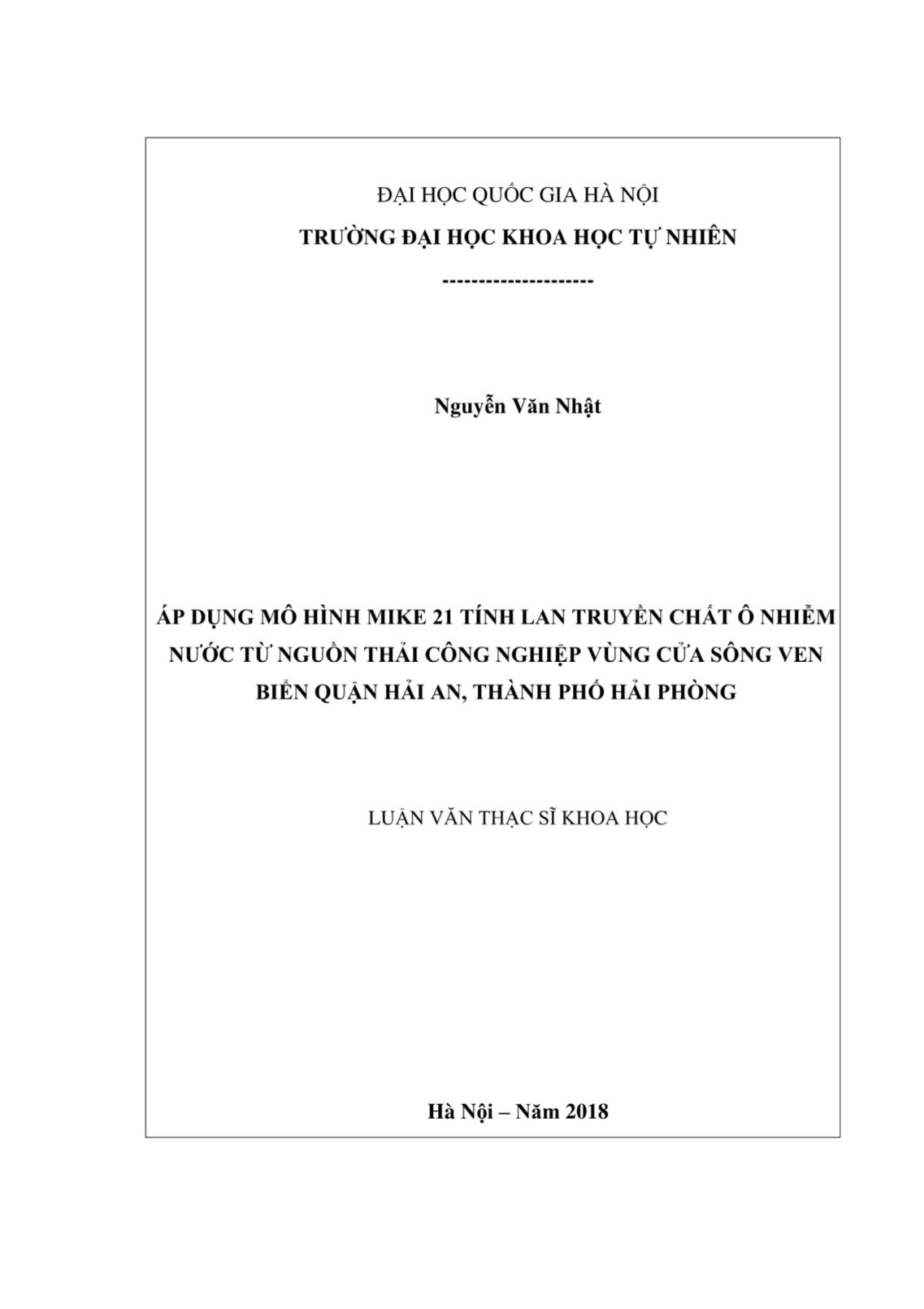 Luận văn Áp dụng mô hình MIKE 21 tính lan truyền chất ô nhiễm nước từ nguồn thải công nghiệp vùng cửa sông ven biển Quận Hải An, Thành phố Hải Phòng