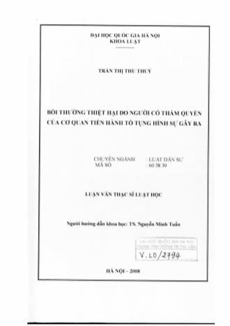 Luận văn Bồi thường thiệt hại do người có thẩm quyền của cơ quan tiến hành tố tụng hình sự gây ra