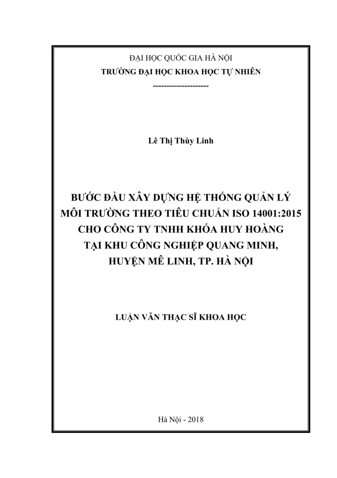 Luận văn Bước đầu xây dựng hệ thống quản lý môi trường theo tiêu chuẩn ISO 14001:2015 cho công ty TNHH khóa Huy Hoàng tại khu công nghiệp Quang Minh, huyện Mê Linh, TP. Hà Nội