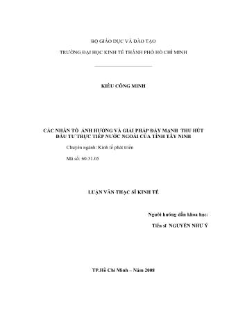 Luận văn Các nhân tố ảnh hưởng và giải pháp đẩy mạnh thu hút đầu tư trực tiếp nước ngoài của tỉnh Tây Ninh