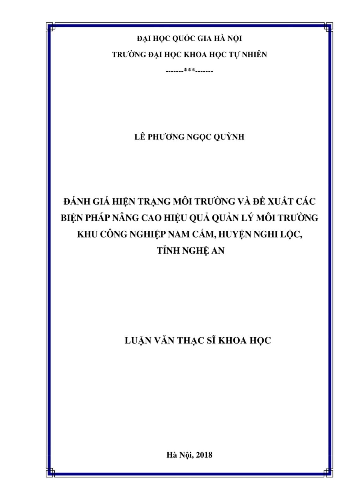 Luận văn Đánh giá hiện trạng môi trường và đề xuất các biện pháp nâng cao hiệu quả quản lý môi trường khu công nghiệp Nam Cấm, huyện Nghi Lộc, tỉnh Nghệ An