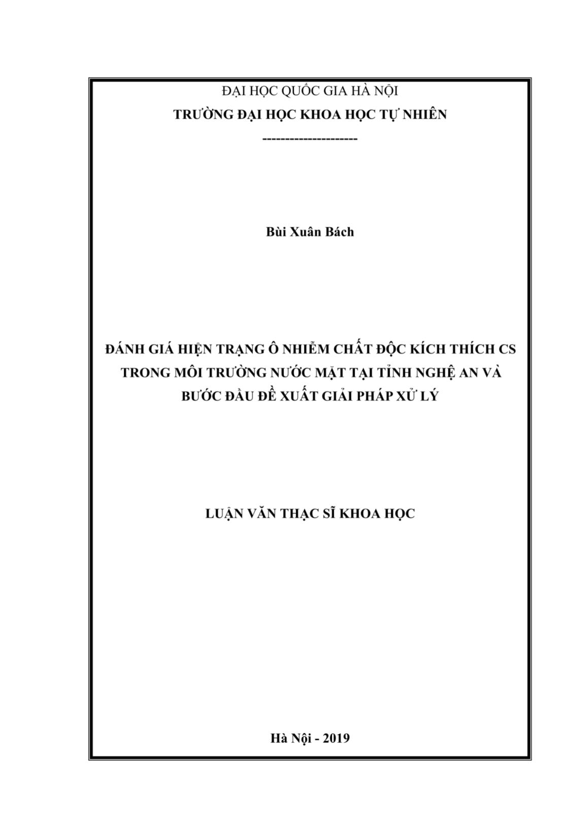 Luận văn Đánh giá hiện trạng ô nhiễm chất độc kích thích CS trong môi trường nước mặt tại tỉnh Nghệ An và bước đầu đề xuất giải pháp xử lý