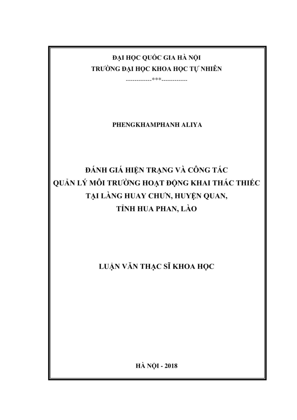 Luận văn Đánh giá hiện trạng và công tác quản lý môi trường hoạt động khai thác Thiếc tại làng Huay Chưng, huyện Quan, tỉnh Hua Phan, Lào