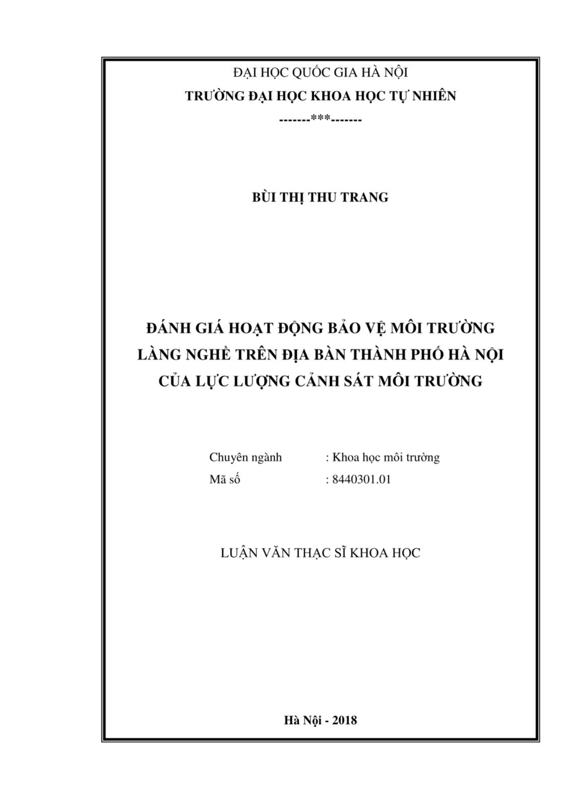 Luận văn Đánh giá hoạt động bảo vệ môi trường làng nghề trên địa bàn Thành phố Hà Nội của lực lượng cảnh sát môi trường