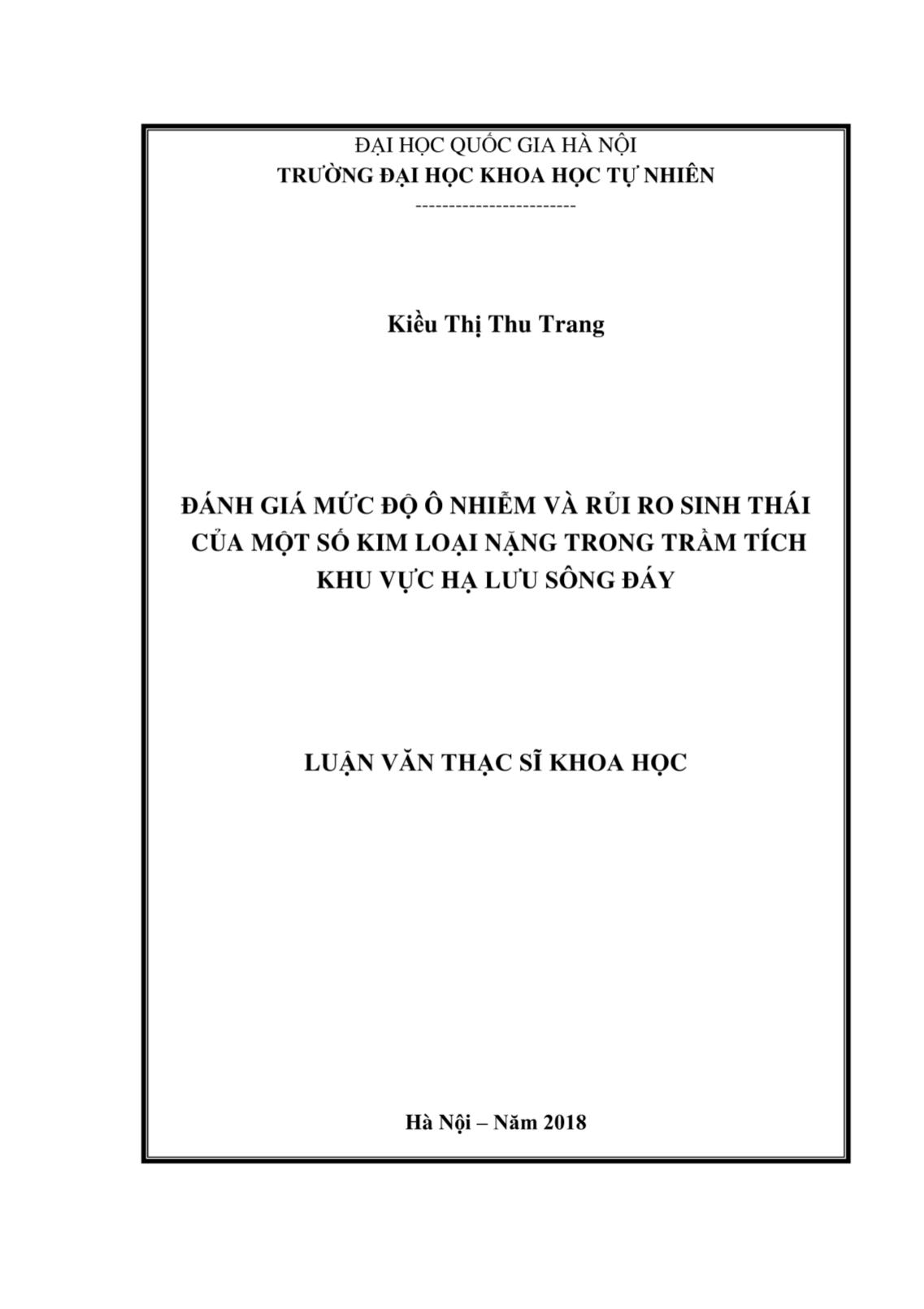 Luận văn Đánh giá mức độ ô nhiễm và rủi ro sinh thái của một số kim loại nặng trong trầm tích khu vực hạ lưu Sông Đáy