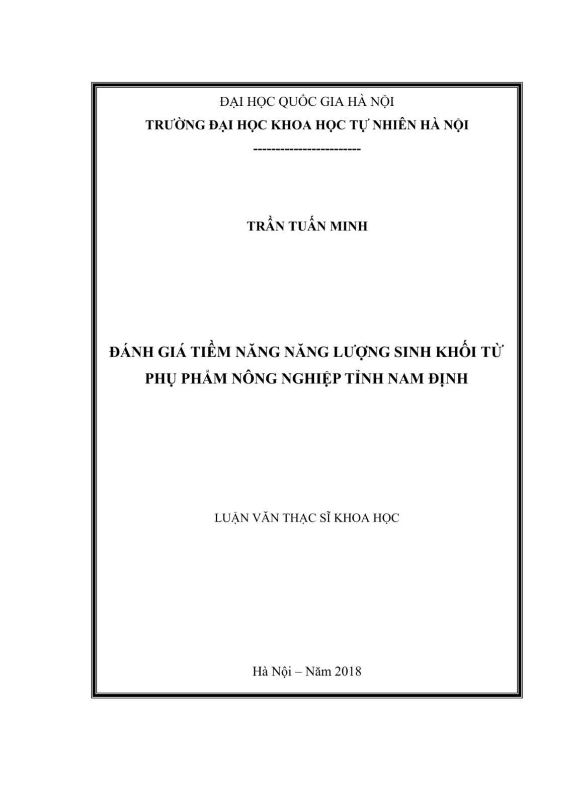 Luận văn Đánh giá tiềm năng năng lượng sinh khối từ phụ phẩm nông nghiệp tỉnh Nam Định