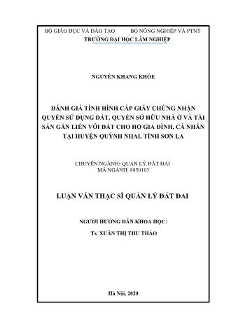 Luận văn Đánh giá tình hình cấp giấy chứng nhận quyền sử dụng đất, quyền sở hữu nhà ở và tài sản gắn liền với đất cho hộ gia đình, cá nhân tại huyện Quỳnh Nhai, tỉnh Sơn La