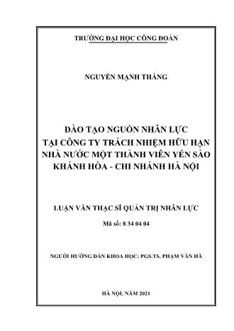 Luận văn Đào tạo nguồn nhân lực tại công ty trách nhiệm hữu hạn nhà nước một thành viên yến sào Khánh Hòa - Chi nhánh Hà Nội