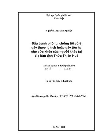 Luận văn Đấu tranh phòng, chống tội cố ý gây thương tích hoặc gây tổn hại cho sức khỏe của người khác tại địa bàn tỉnh Thừa Thiên Huế