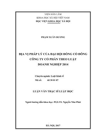 Luận văn Địa vị pháp lý của đại hội đồng cổ đông công ty cổ phần theo luật doanh nghiệp 2014