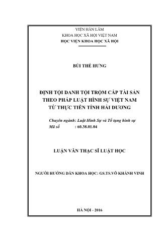 Luận văn Định tội danh tội trộm cắp tài sản theo pháp luật hình sự Việt Nam từ thực tiễn tỉnh Hải Dương