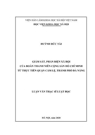 Luận văn Giám sát, phản biện xã hội của đoàn thanh niên cộng sản Hồ Chí Minh từ thực tiễn quận Cẩm Lệ, Thành phố Đà Nẵng