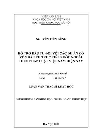 Luận văn Hỗ trợ đầu tư đối với các dự án có vốn đầu tư trực tiếp nước ngoài theo pháp luật Việt Nam hiện nay