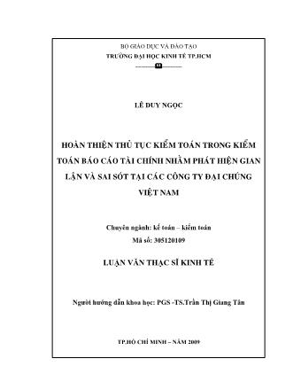 Luận văn Hoàn thiện thủ tục kiểm toán trong kiểm toán Báo cáo tài chính nhằm phát hiện gian lận và sai sót tại các công ty đại chúng Việt Nam