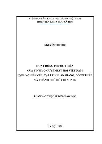 Luận văn Hoạt động phước thiện của tịnh độ cư sĩ Phật hội Việt Nam (qua nghiên cứu tại 3 tỉnh: An Giang, Đồng Tháp và Thành phố Hồ Chí Minh)