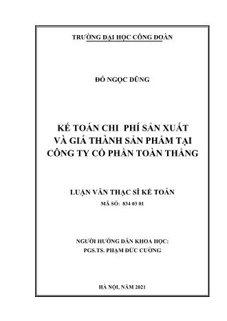 Luận văn Kế toán chi phí sản xuất và giá thành sản phẩm tại công ty cổ phần Toàn Thắng