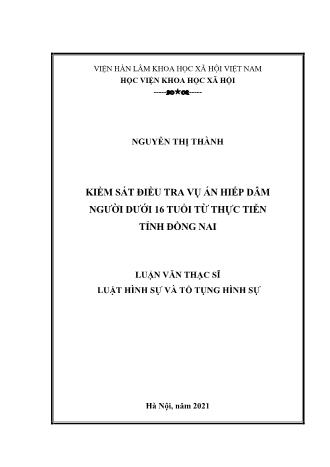 Luận văn Kiểm sát điều tra vụ án hiếp dâm người dưới 16 tuổi từ thực tiễn tỉnh Đồng Nai