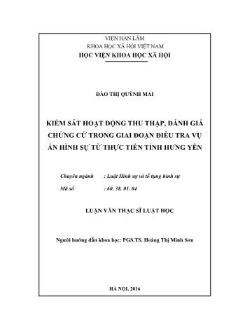 Luận văn Kiểm sát hoạt động thu thập, đánh giá chứng cứ trong giai đoạn điều tra vụ án hình sự từ thực tiễn tỉnh Hưng Yên