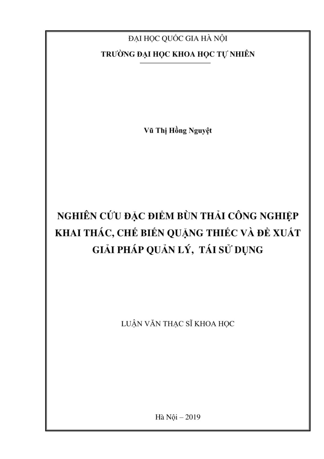 Luận văn Nghiên cứu đặc điểm bùn thải công nghiệp khai thác, chế biến quặng thiếc và đề xuất giải pháp quản lý, tái sử dụng