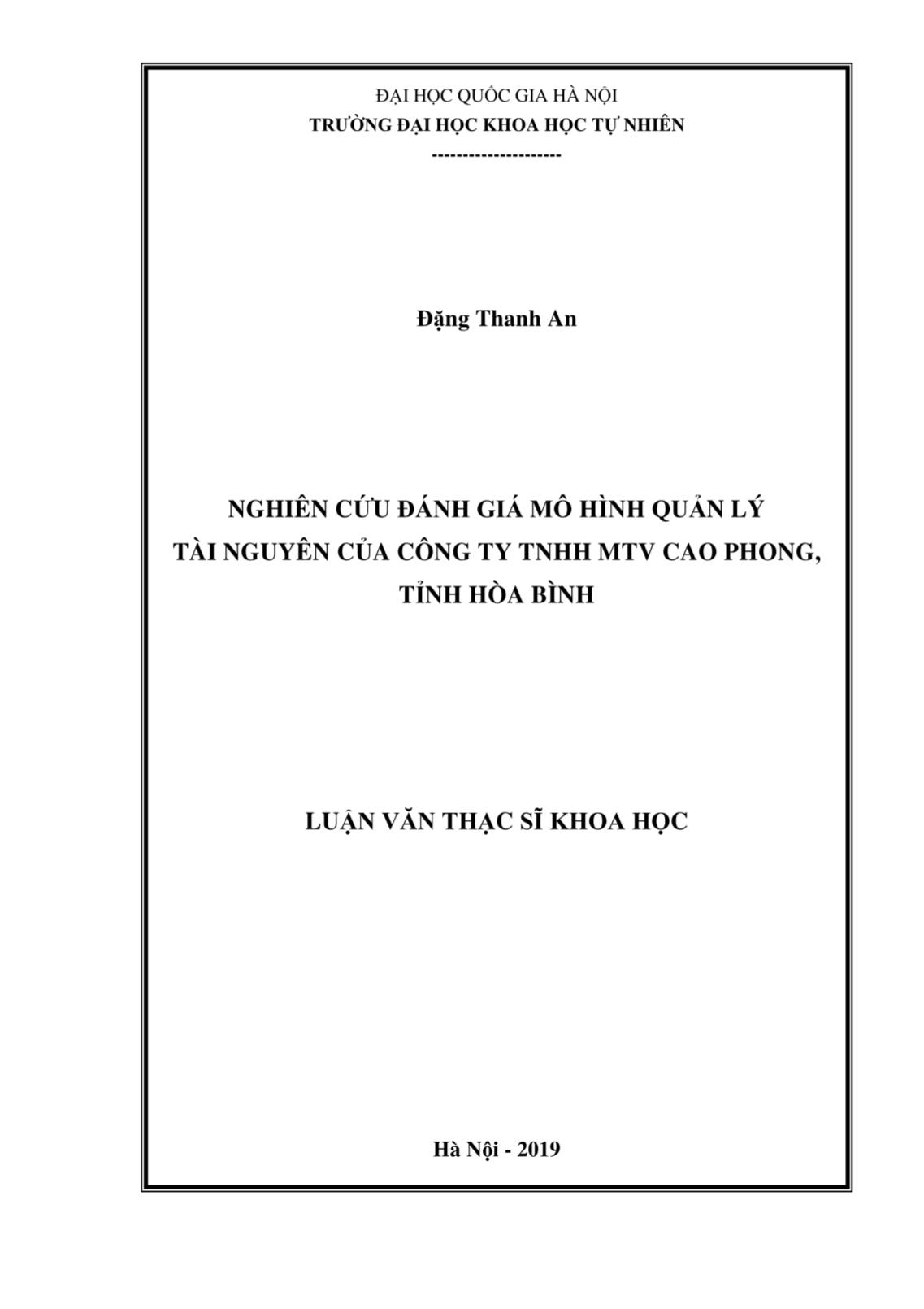 Luận văn Nghiên cứu đánh giá mô hình quản lý tài nguyên của công ty TNHH MTV Cao Phong, tỉnh Hòa Bình