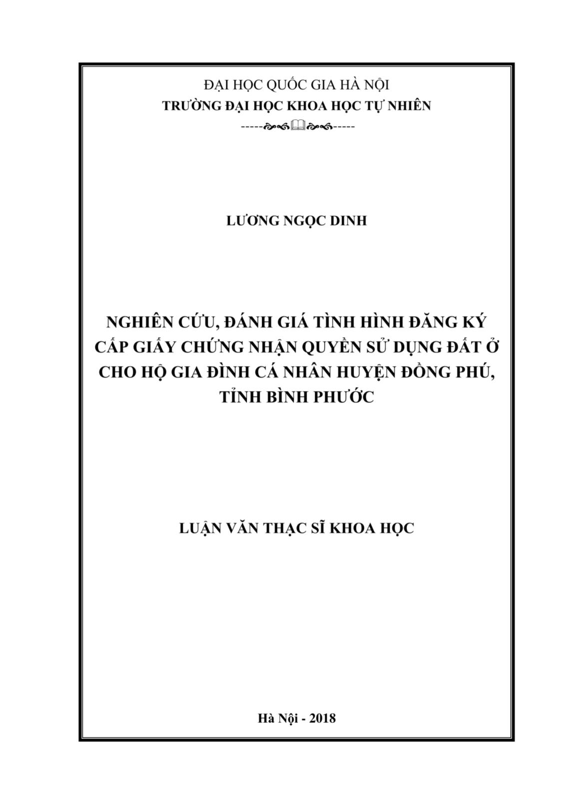 Luận văn Nghiên cứu, đánh giá tình hình đăng ký cấp giấy chứng nhận quyền sử dụng đất ở cho hộ gia đình cá nhân huyện Đồng Phú, tỉnh Bình Phước