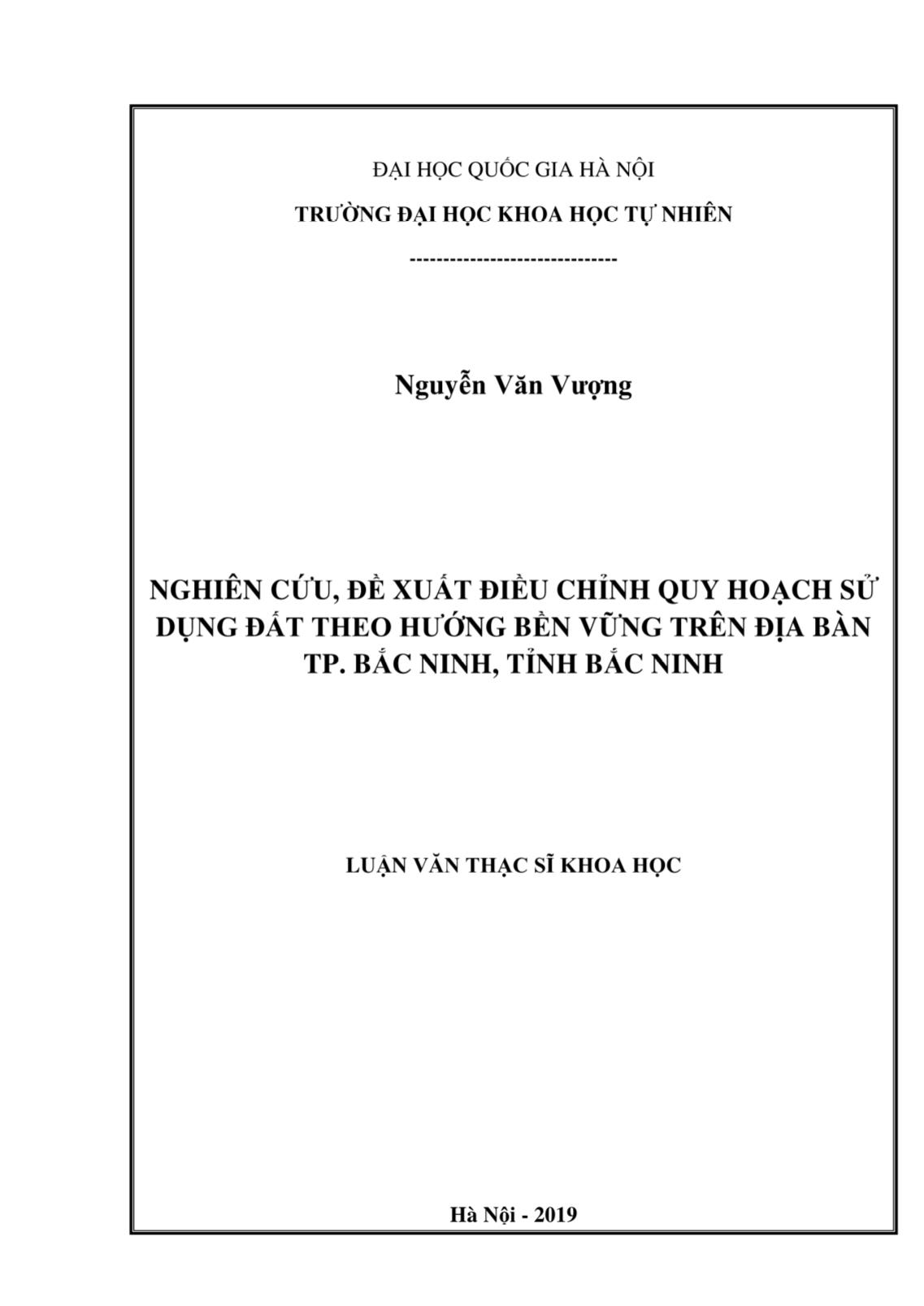 Luận văn Nghiên cứu, đề xuất điều chỉnh quy hoạch sử dụng đất theo hướng bền vững trên địa bàn TP. Bắc Ninh, tỉnh Bắc Ninh