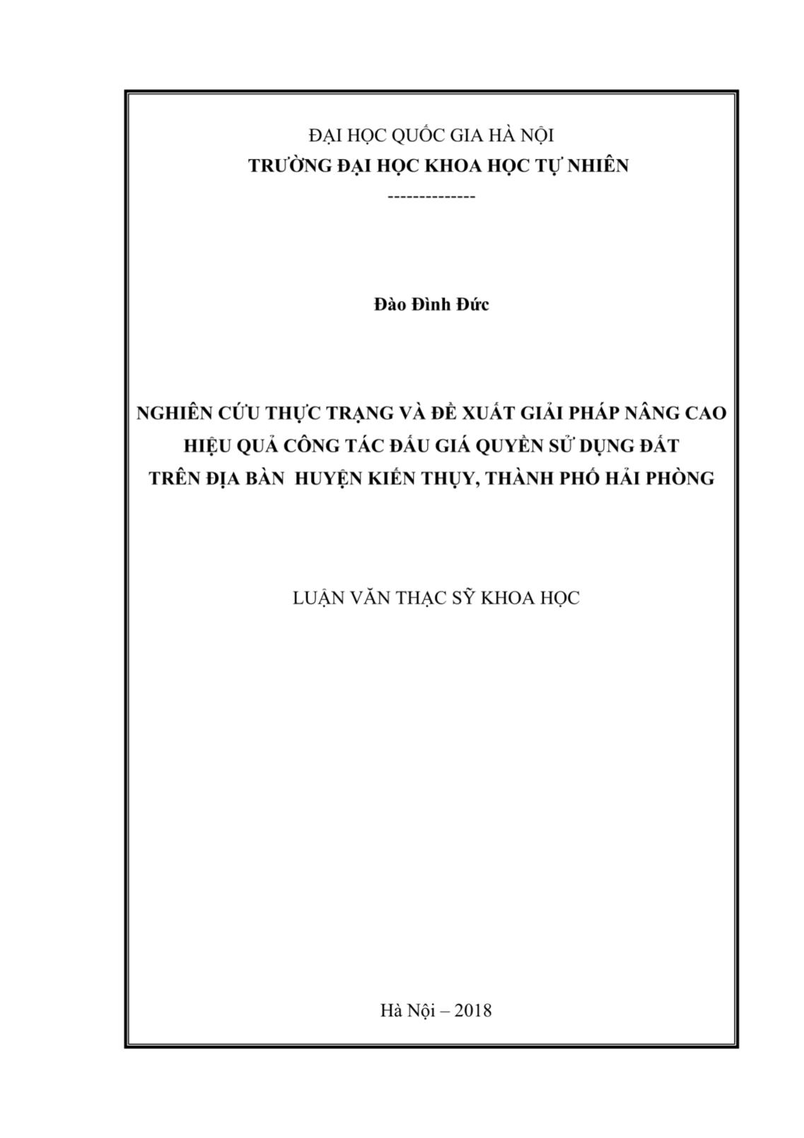 Luận văn Nghiên cứu thực trạng và đề xuất giải pháp nâng cao hiệu quả công tác đấu giá quyền sử dụng đất trên địa bàn huyện Kiến Thụy, Thành phố Hải Phòng