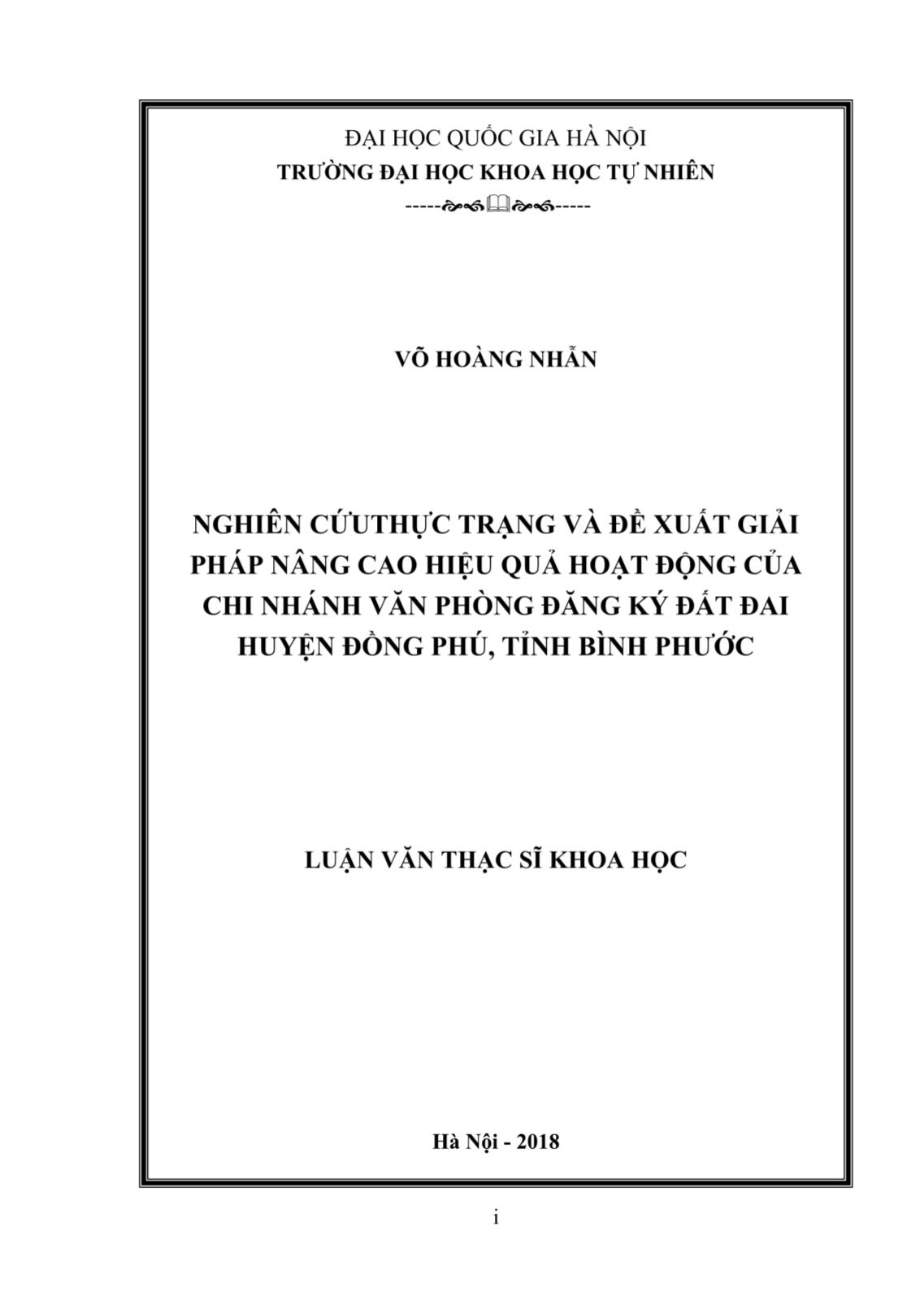 Luận văn Nghiên cứu thực trạng và đề xuất giải pháp nâng cao hiệu quả hoạt động của chi nhánh văn phòng đăng ký đất đai huyện Đồng Phú, tỉnh Bình Phước