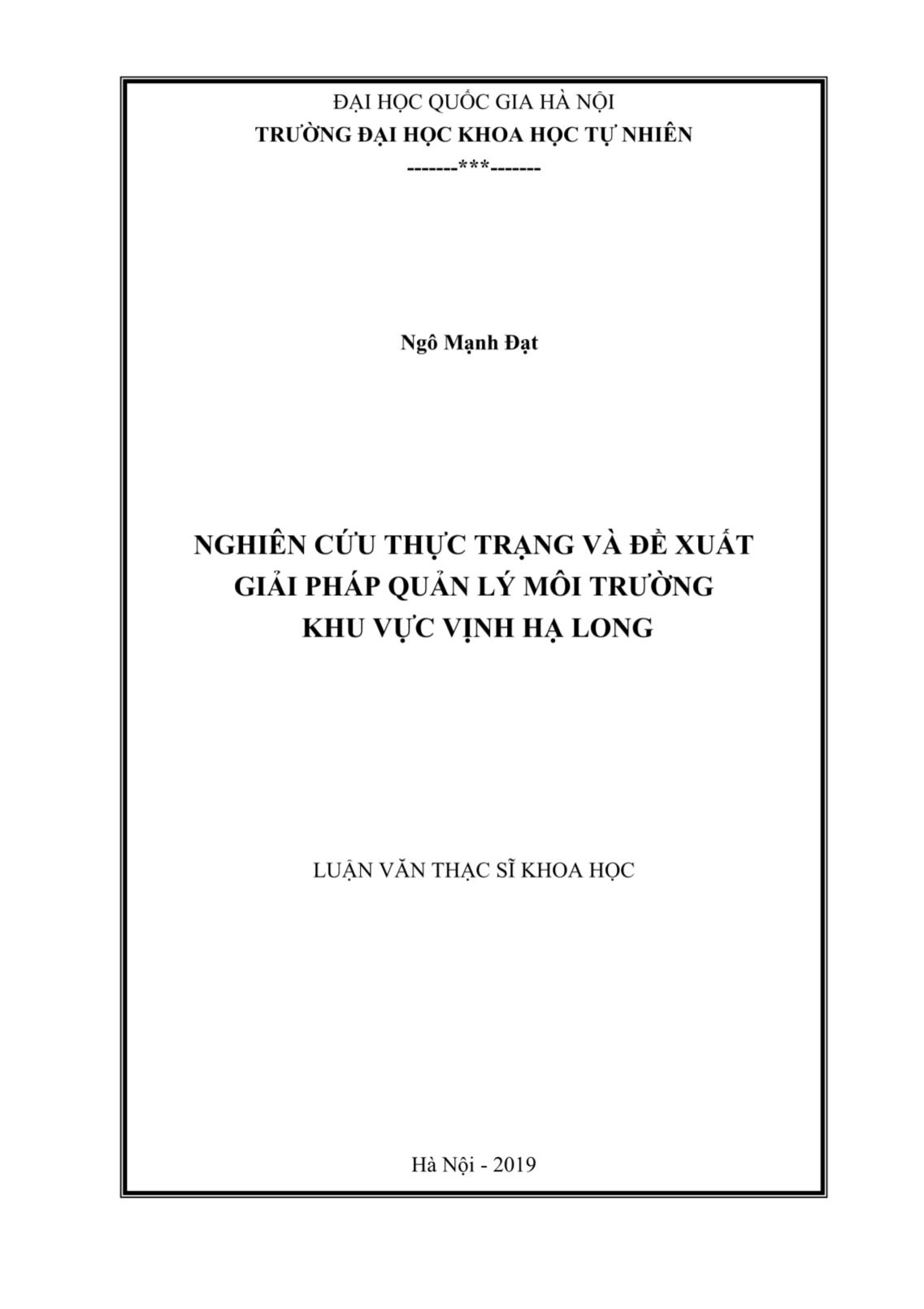 Luận văn Nghiên cứu thực trạng và đề xuất giải pháp quản lý môi trường khu vực Vịnh Hạ Long