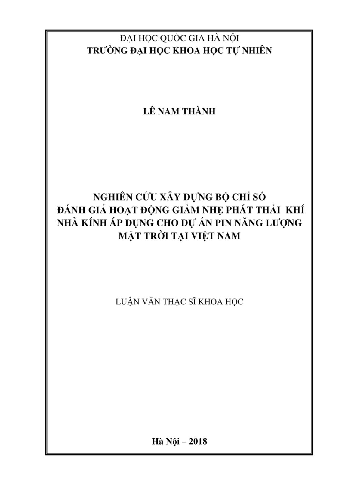 Luận văn Nghiên cứu xây dựng bộ chỉ số đánh giá hoạt động giảm nhẹ phát thải khí nhà kính áp dụng cho dự án pin năng lượng mặt trời tại Việt Nam