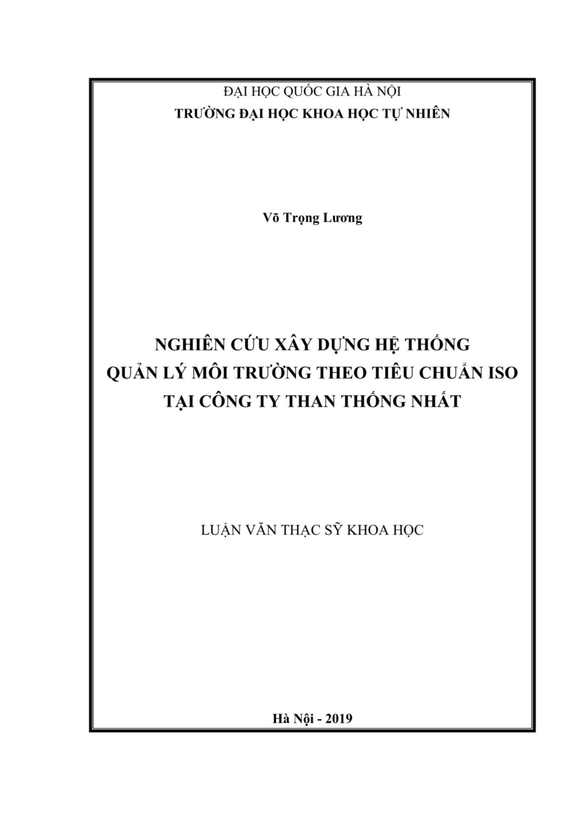 Luận văn Nghiên cứu xây dựng hệ thống quản lý môi trường theo tiêu chuẩn ISO tại công ty than Thống Nhất