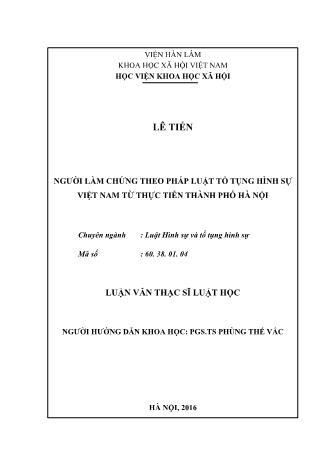 Luận văn Người làm chứng theo pháp luật tố tụng hình sự Việt Nam từ thực tiễn Thành phố Hà Nội