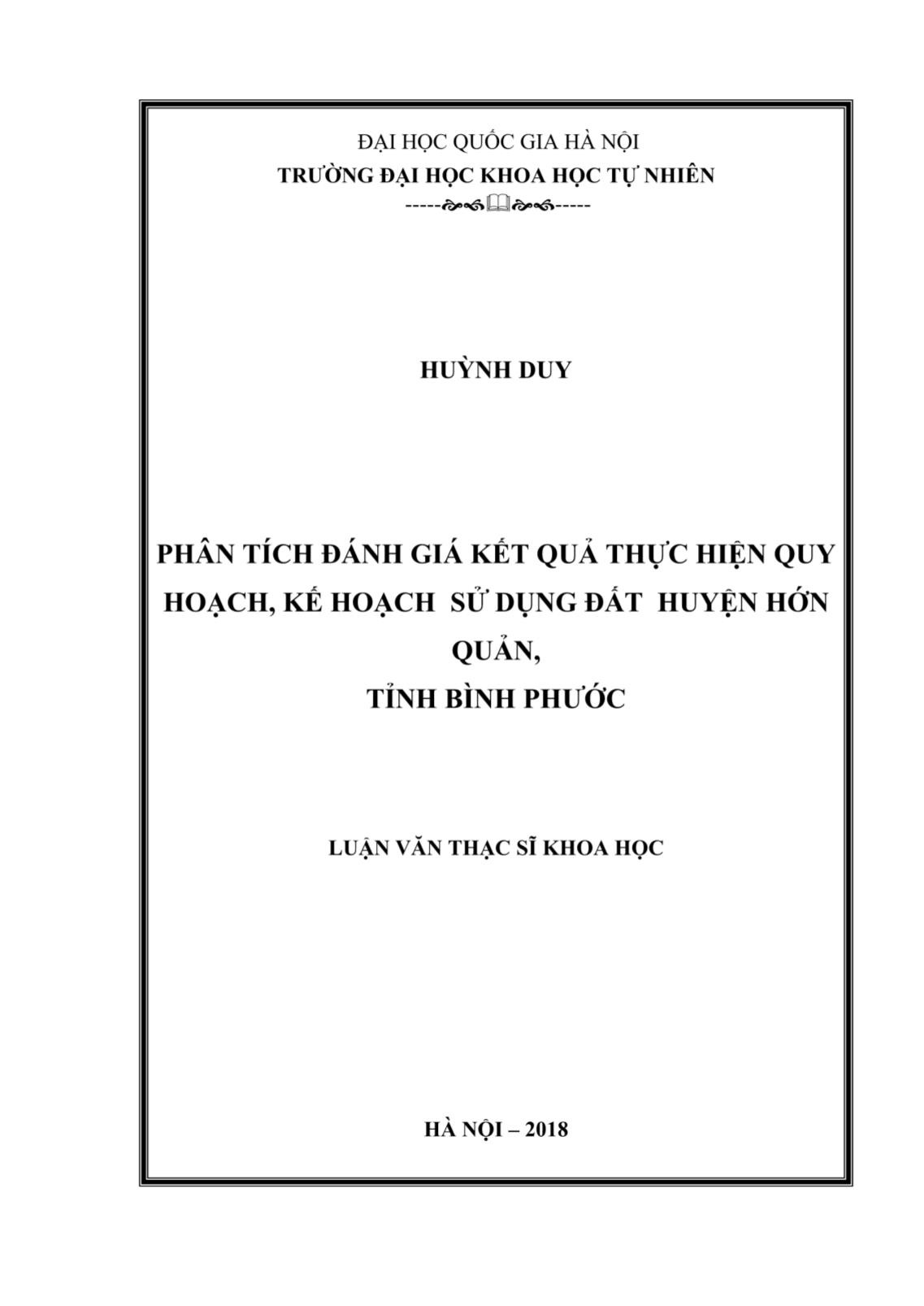 Luận văn Phân tích đánh giá kết quả thực hiện quy hoạch, kế hoạch sử dụng đất huyện Hớn Quản, tỉnh Bình Phước