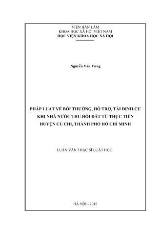 Luận văn Pháp luật về bồi thường, hỗ trợ, tái định cư khi nhà nước thu hồi đất từ thực tiễn huyện Củ Chi, Thành phố Hồ Chí Minh