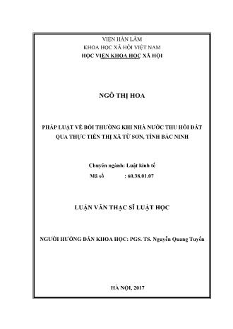 Luận văn Pháp luật về bồi thường khi nhà nước thu hồi đất qua thực tiễn thị xã Từ Sơn, tỉnh Bắc Ninh