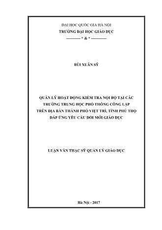 Luận văn Quản lý hoạt động kiểm tra nội bộ tại các trường trung học phổ thông công lập trên địa bàn Thành phố Việt Trì, tỉnh Phú Thọ đáp ứng yêu cầu đổi mới giáo dục