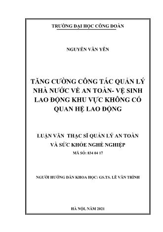 Luận văn Tăng cường công tác quản lý nhà nước về An toàn - Vệ sinh lao động khu vực không có quan hệ lao động