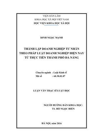 Luận văn Thành lập doanh nghiệp tư nhân theo pháp luật doanh nghiệp hiện nay từ thực tiễn Thành phố Đà Nẵng