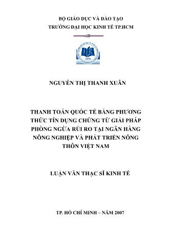 Luận văn Thanh toán quốc tế bằng phương thức tín dụng chứng từ giải pháp phòng ngừa rủi ro tại ngân hàng nông nghiệp và phát triển nông thôn Việt Nam