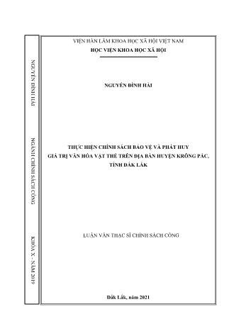 Luận văn Thực hiện chính sách bảo vệ và phát huy giá trị văn hóa vật thể trên địa bàn huyện Krông Pắc, tỉnh Đắk Lắk