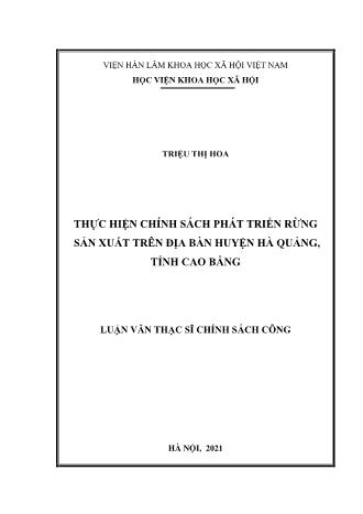 Luận văn Thực hiện chính sách phát triển rừng sản xuất trên địa bàn huyện Hà Quảng, tỉnh Cao Bằng