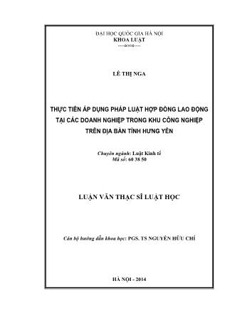 Luận văn Thực tiễn áp dụng pháp luật hợp đồng lao động tại các doanh nghiệp trong khu công nghiệp trên địa bàn tỉnh Hưng Yên