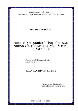 Luận văn Thực trạng nghèo ở tỉnh Đồng Nai: Những yếu tố tác động và giải pháp giảm nghèo