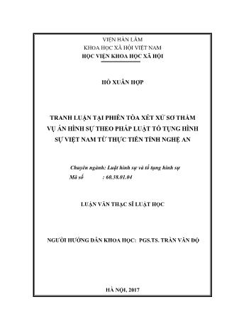 Luận văn Tranh luận tại phiên tòa xét xử sơ thẩm vụ án hình sự theo pháp luật tố tụng hình sự Việt Nam từ thực tiễn tỉnh Nghệ An