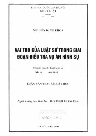 Luận văn Vai trò của luật sư trong giai đoạn điều tra vụ án hình sự