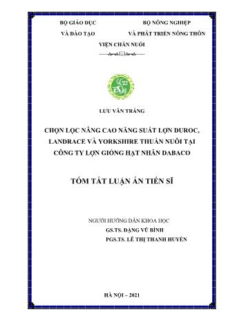 Tóm tắt Luận án Chọn lọc nâng cao năng suất lợn duroc, landrace và yorkshire thuần nuôi tại công ty lợn giống hạt nhân DABACO